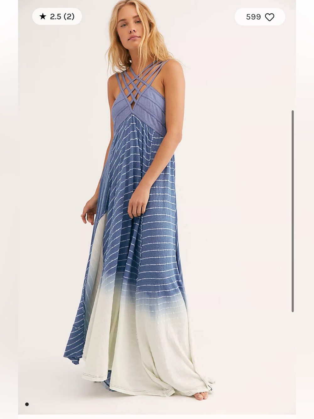 Free People Dream Weaver Maxi Dress Blue Dip Dye Striped Strappy Boho Size 6